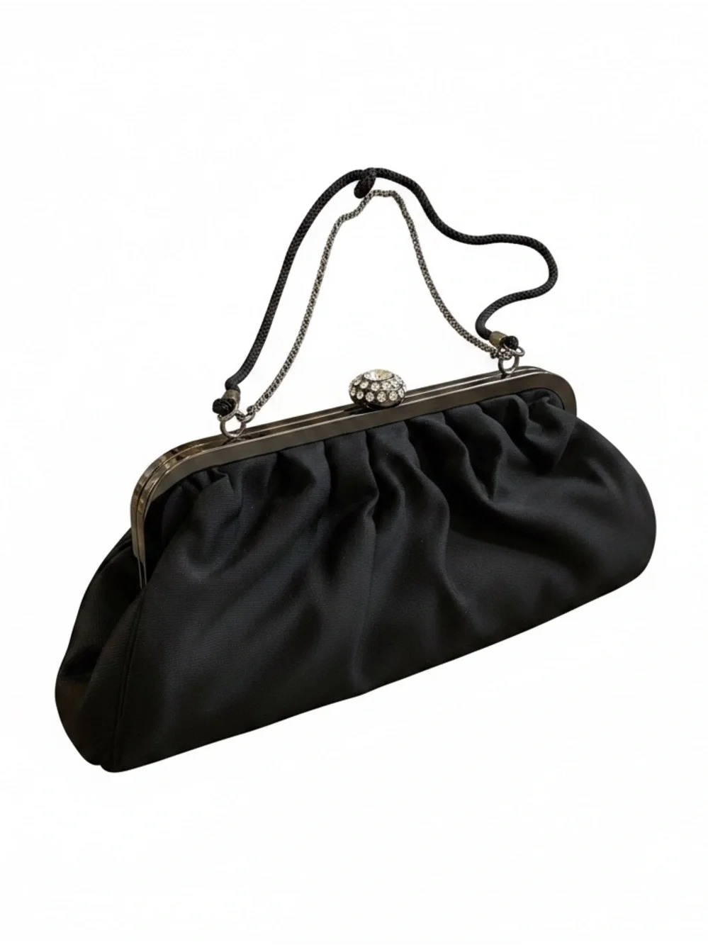 Sasha Black Satin Ruched Evening Clutch with Detachable Chain